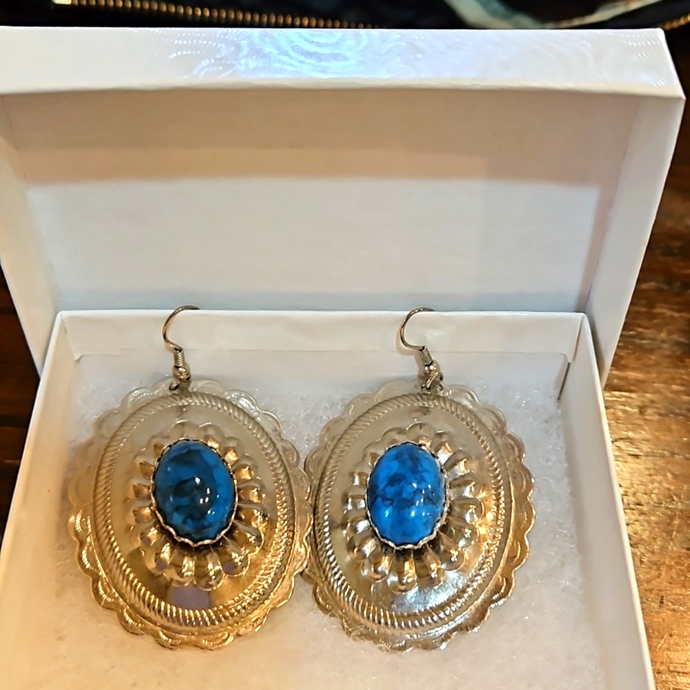 Silver Blue Stone Western Cowboy Pierced Earrings